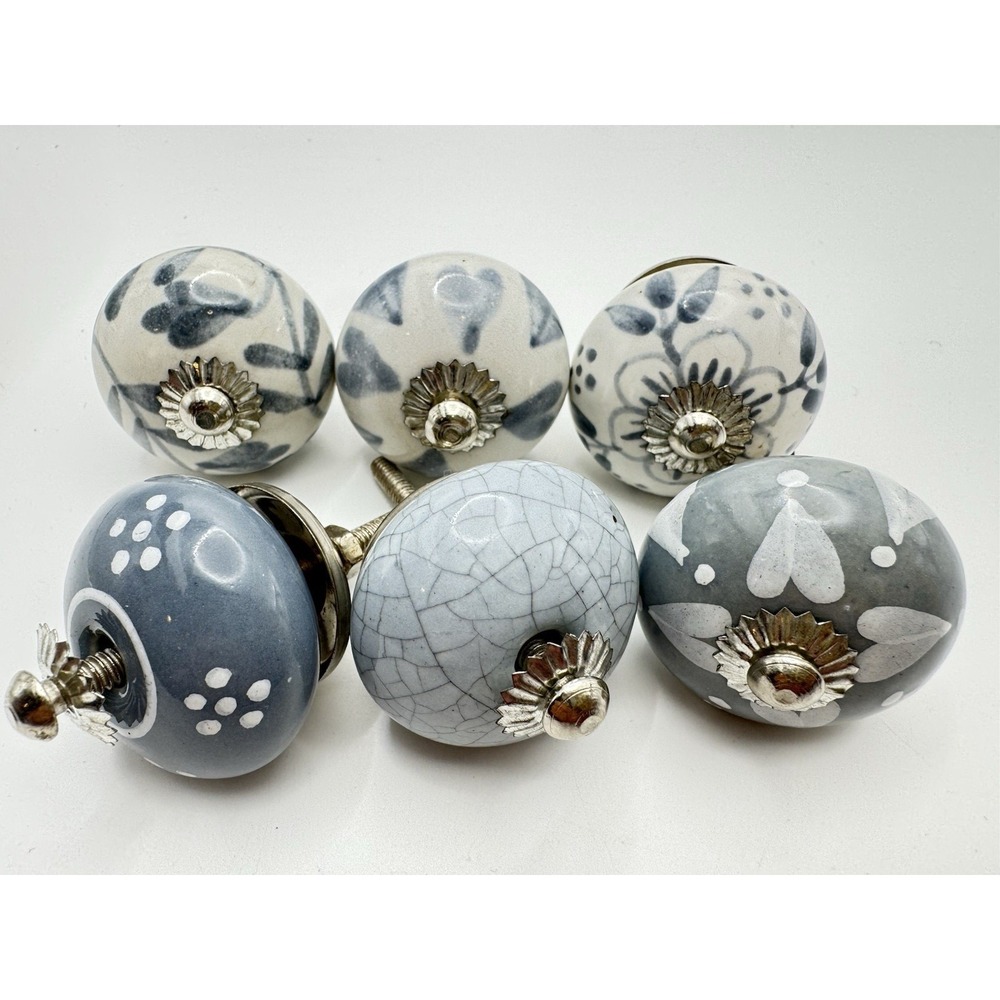 Blue Gray Ceramic Drawer Knobs Set 6 Floral Cabinet Pulls Farmhouse Decor